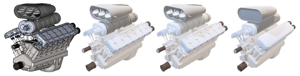 Complex CAD assembly automatically exported to multiple LOD mesh representations