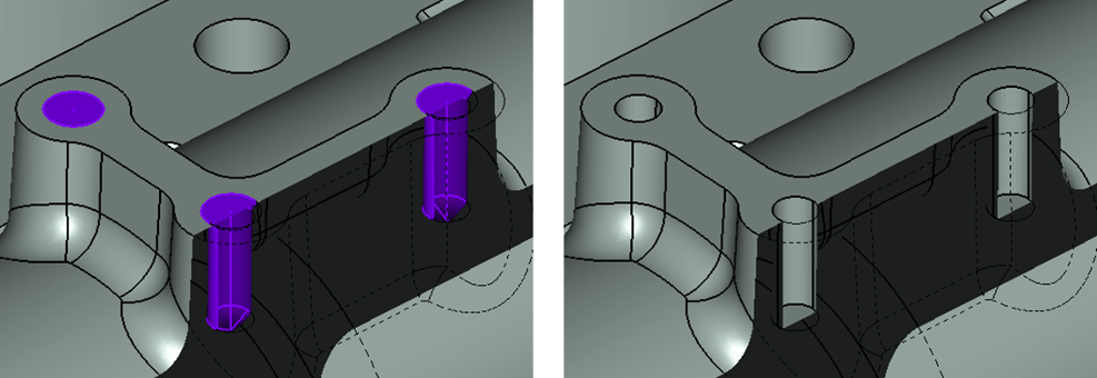 Simplify a chamfered hole with a conical drill tip hole to a simple cylinder